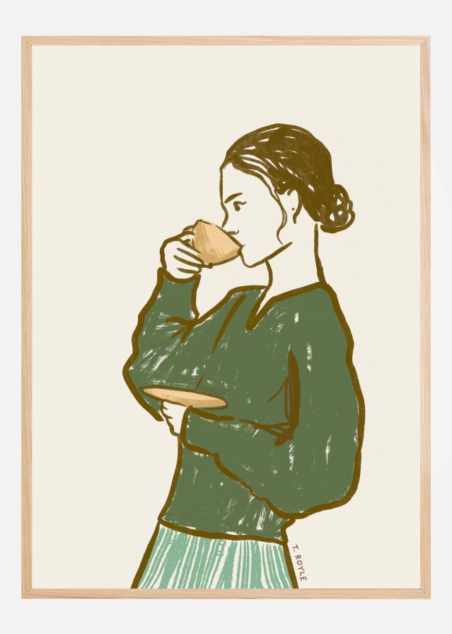 Woman Drinking Tea in Green Plagát