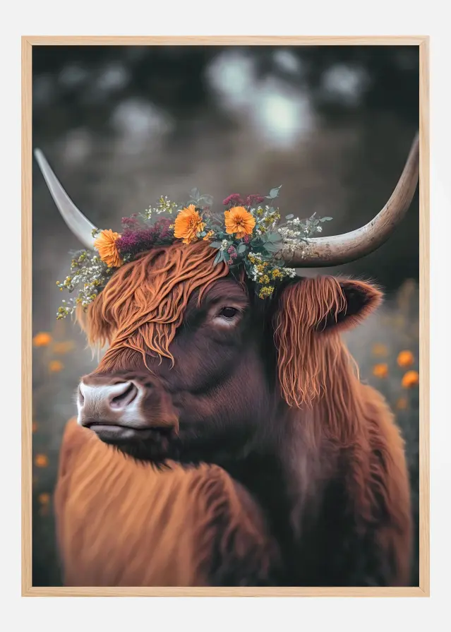 Highland Cow With Flowers Plagát