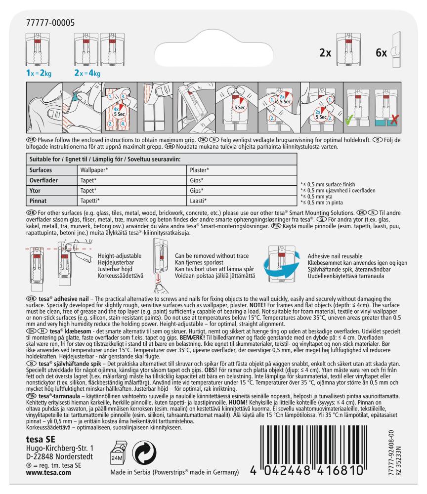Tesa - Nastavitelný nalepovací klinec na všetky typy stien (max 2x2kg)