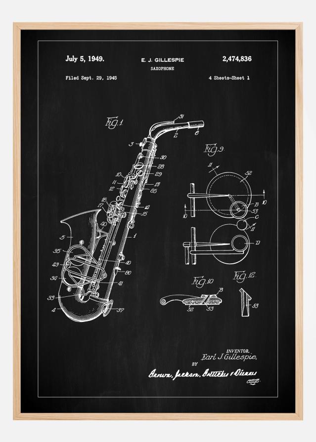 Patent Print - Saxophone - Black Plagát