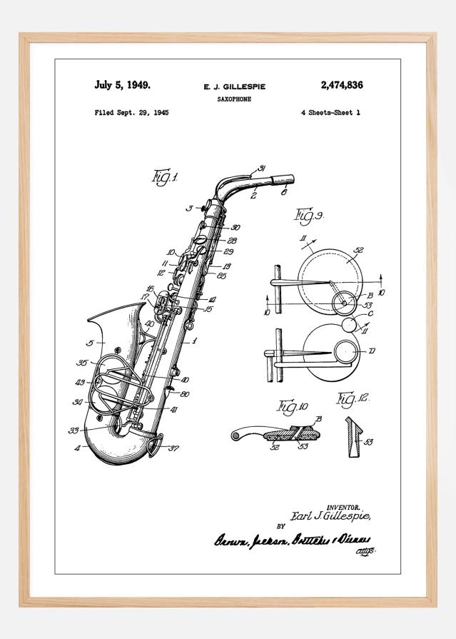 Patent Print - Saxophone - White Plagát