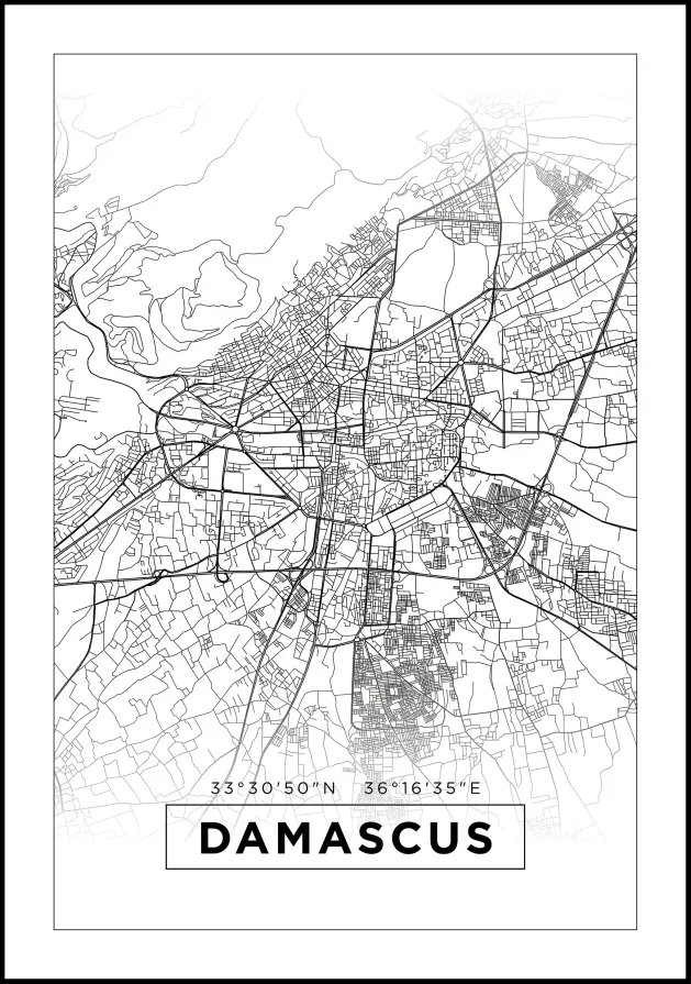 Mapa - Damascus - Biela Plagát