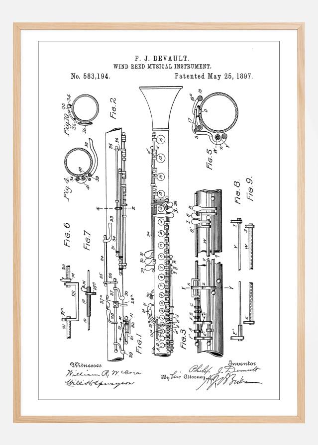 Patent Print - Clarinet - White Plagát