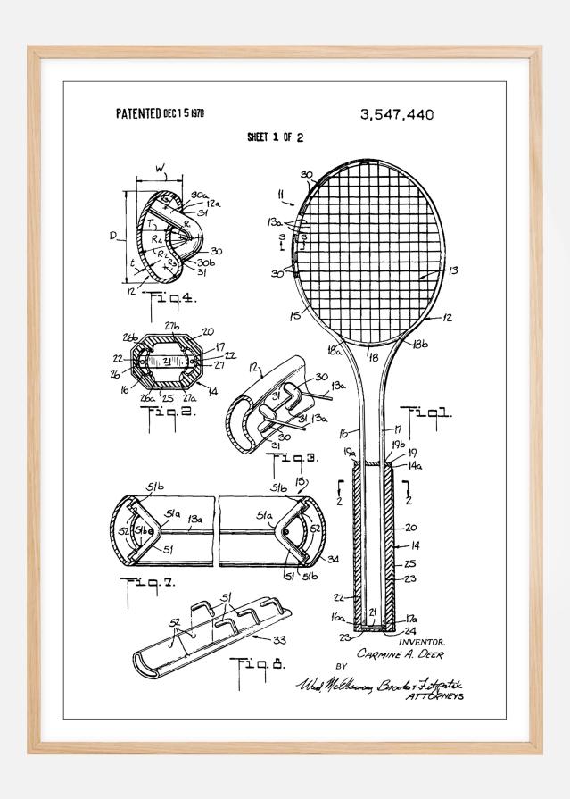 Patent Print - Tennis Racket - White Plagát