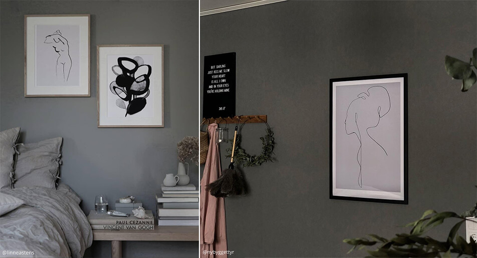 Jasné grafické plagáty na tmavých stenách