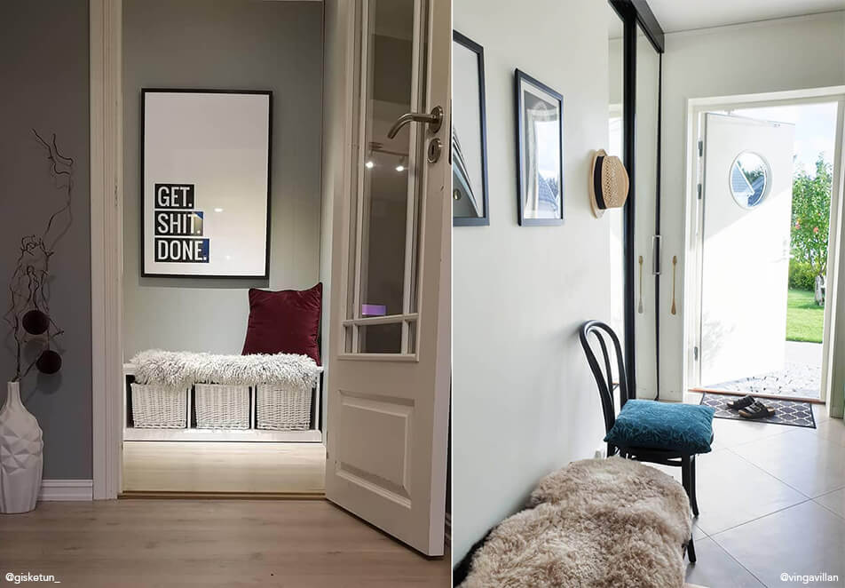 Výbava chodby - lavica s úložným priestorom, čierna stolička a obrazy