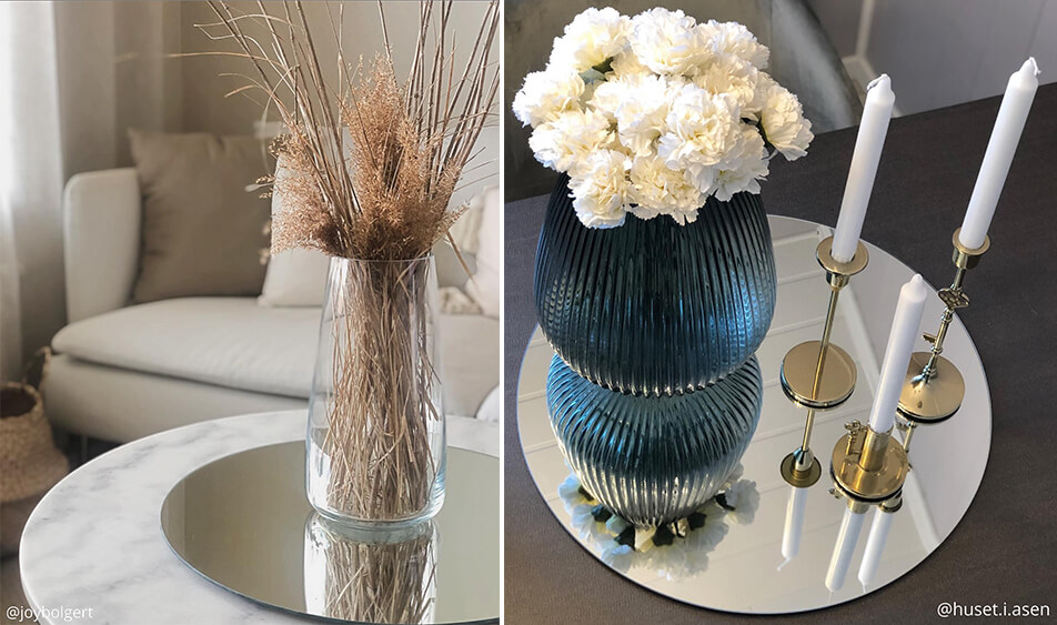 Okrúhle zrkadlo ako podnos na sviečky a kvety