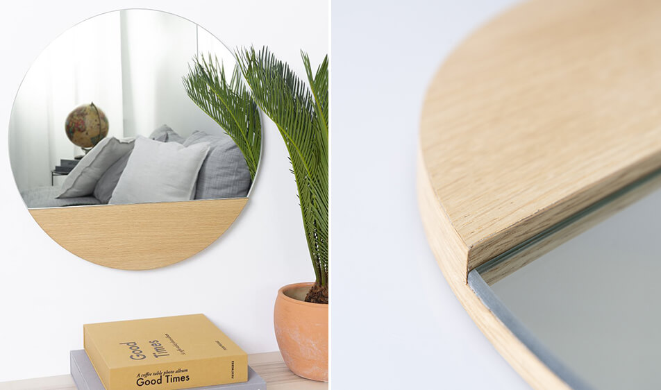 Okrúhle zrkadlo s dubovým rámom - netradičné zrkadlo